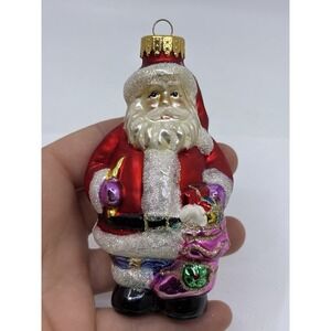 Vintage Blown Glass Christmas Santa Stocking Ornament Holiday Decoration 4"